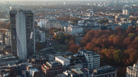 Autumn in city, Establishing Aerial View Shot of London UK, United Kingdom, Hyde Park Corner