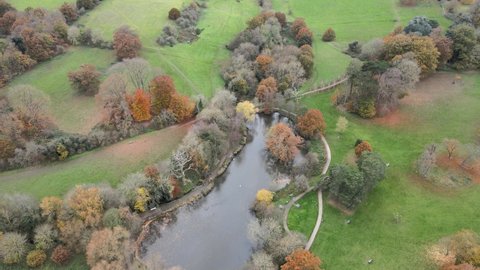Lake in Park in autumn ,Hoddesdon Hertfordshire UK Aerial Drone view,