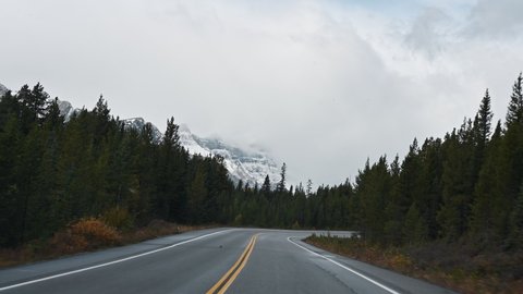 Car driving on highway with rocky mountains in pine forest at Banff national park, Canada