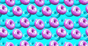 Minimal motion 3d art. Creative donuts seamless animation pattern. Food, health, fast food concept. 4k video