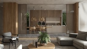 Scandinavian style interior apartment. Living room design with boho natural wooden furniture. 3d rendering video animation scene.