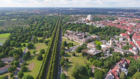 Hanover: Aerial view of city in Germany, main building of University of Hanover (Leibniz Universität Hannover) - landscape panorama of Europe from above