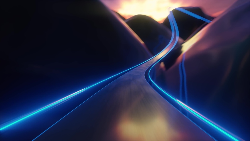 4K Moving through the abstract glossy ice mountains on a sunset background. Riding on Roller-Coaster with blue Neon Lights Extremely Fast Seamless. Looped 3d Animation of Abstract Roller Coaster  Royalty-Free Stock Footage #1083139147