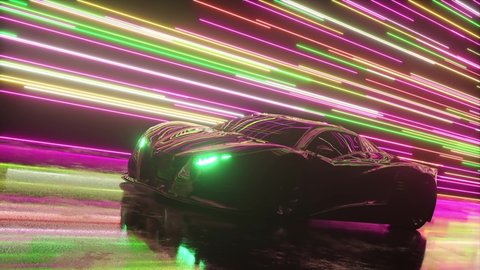 Futuristic concept. The sports car is moving against the backdrop of glowing neon lines. Pink green color. 3d animation of seamless loop
