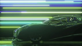 Futuristic concept. The sports car is moving against the backdrop of glowing neon lines. Blue green color. 3d animation of seamless loop