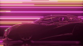 Futuristic concept. The sports car is moving against the backdrop of glowing neon lines. Pink purple color. 3d animation of seamless loop