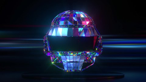  The diamond helmet turns from side to side on a dark abstract background. Neon lighting. 3d animation of seamless loop