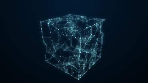 Technology block chain network connection. Big data visualization. Cyber security background. Blue cube, consisting of block disintegrating particles. 3D rendering.