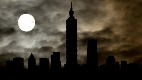 Taiwan city skyline By Night with Dark Atmosphere, Fog, Smoke, and Full Moon, Taipei, Asia