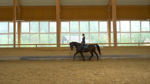 SLOW MOTION: Experienced female rider practices trotting with her stunning gelding during indoor flatwork practice. Young Caucasian woman horseback riding indoors warms up her dark brown stallion.