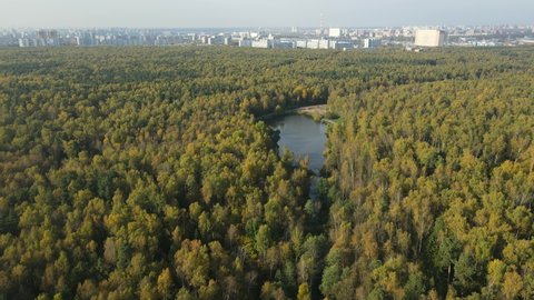 Russia. Moscow, Losiny Ostrov, IFC "Hanoi-Moscow", 08.08.2021. Aerial photography of a flight over an autumn forest and a pond with a river. City line and shopping center. for editorial use only.
