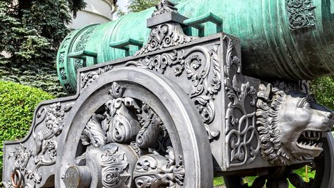 Ancient biggest cannon in Moscow Kremlin (Tsar Cannon) in Moscow, Russia. Cast in bronze in 1586