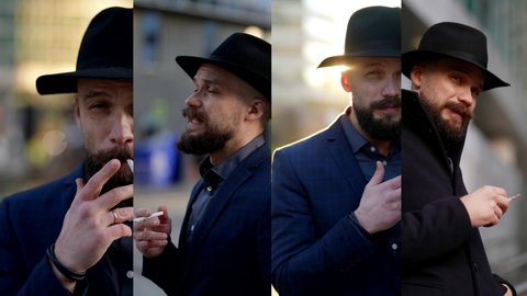 handsome hipster is posing on city street in evening, smoking cigarette, collage
