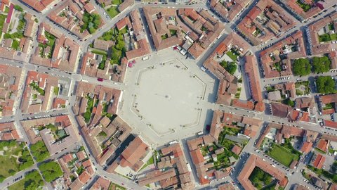 Palmanova, Udine, Italy. An exemplary fortification project of its time was laid down in 1593, Aerial View Hyperlapse, HEAD OVER SHOT