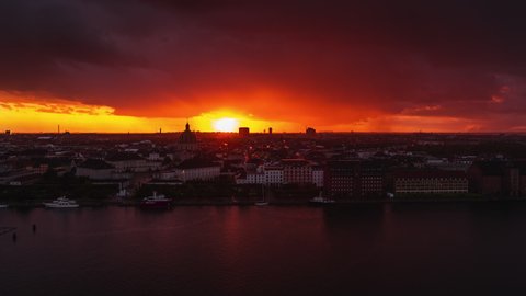 Establishing Aerial View Shot of Copenhagen, capital of the North, Denmark, Frederik's Church at rainy sunset