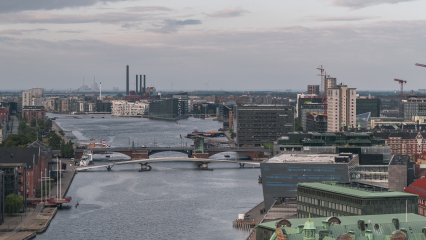 Establishing Aerial View Shot of Copenhagen, capital of the North, Denmark, low skyline