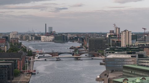 Establishing Aerial View Shot of Copenhagen, capital of the North, Denmark, low skyline