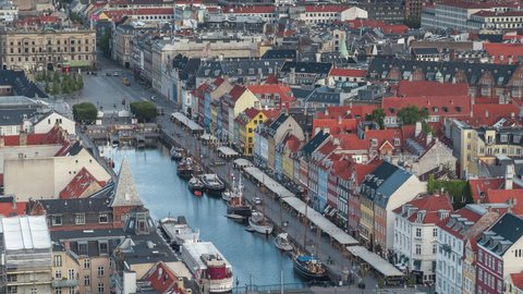 Establishing Aerial View Shot of Copenhagen, capital of the North, Denmark, beautiful Nyhavn