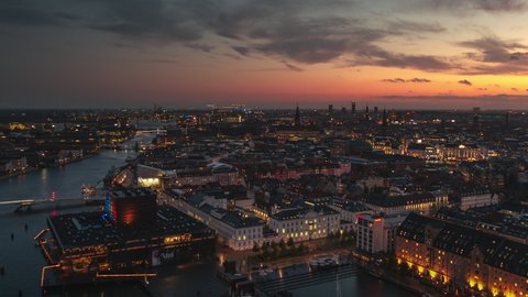 Copenhagen, Denmark - circa 2021 - Establishing Aerial View Shot of Copenhagen, capital of the North, Denmark, wonderful sunset in the city
