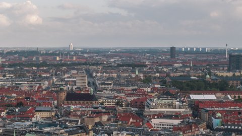 Copenhagen, Denmark - circa 2021 - Establishing Aerial View Shot of Copenhagen, capital of the North, Denmark, overcast, normal day