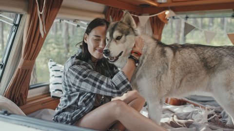 Slowmo medium shot of cheerful young woman sitting on bed in cozy camper parked in forest and hugging cute husky dog