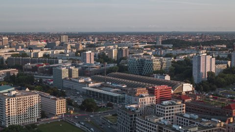 Berlin, Germany - circa 2021 - Establishing Aerial View Shot of Berlin, Germany, capital city, skyline in sun