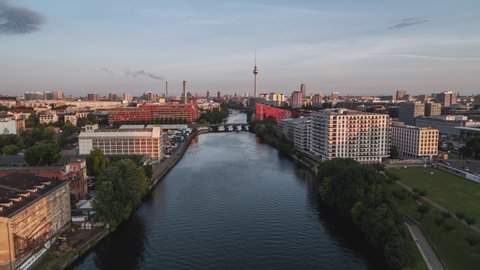 Berlin, Germany - circa 2021 - Establishing Aerial View Shot of Berlin, Germany, capital city, push into the center