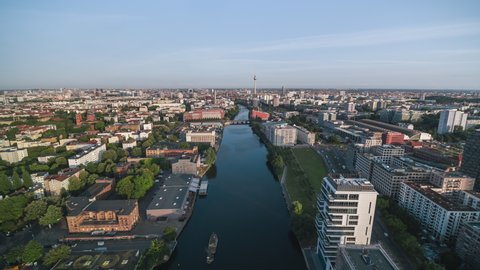 Berlin, Germany - circa 2021 - Establishing Aerial View Shot of Berlin, Germany, capital city, city skyline