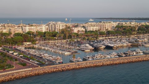 Establishing Aerial View Shot of Cannes French Riviera Fr, French Riviera, Alpes-Maritimes, France, port for super yachts 