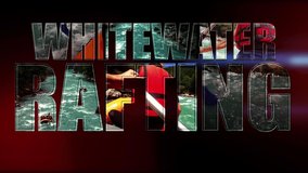 Whitewater Rafting - Animated Text On Red Background. Whitewater Rafting Teams Descending Raging Rapids with Paddles Splashing in Water. People In Rafting Boats Drone Point Of View.