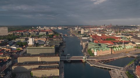 Establishing Aerial View Shot of Copenhagen, capital of the North, Denmark, magical morning light
