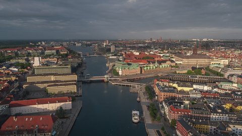 Copenhagen, Denmark - circa 2021 - Establishing Aerial View Shot of Copenhagen, capital of the North, Denmark, superb light covering city