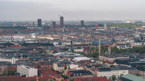 Copenhagen, Denmark - circa 2021 - Establishing Aerial View Shot of Copenhagen, capital of the North, Denmark, low buildings skyline