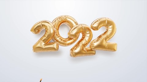 Happy New Year 2022 golden foil balloons on white background with beautiful 3D golden confetti. Happy New Year celebration concept. Year 2022. 