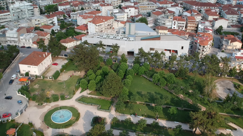 Aerial panoramic view over Kozani city, Greece