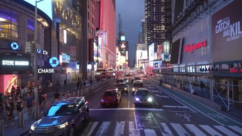 NEW YORK CITY, USA - OCT 21, 2021: Low angle aerial drone view Time Square busy street in Manhattan, New York City. NYC is urban center, modern business city in USA, iconic landmark of America 4k