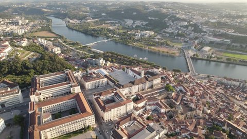Aerial orbiting over university Buildings, Coimbra town near Mondego River