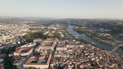 Aerial Panorama view, Coimbra Cityscape with Mondego River Bridges - Portugal