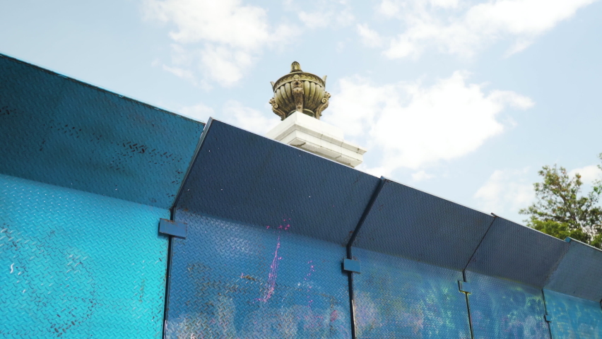 The Hemicilo a Juarez monument is protected by steel wall barriers in Centro Histórico Mexico City, Ciudad de México ahead of protest, protesta in the city
