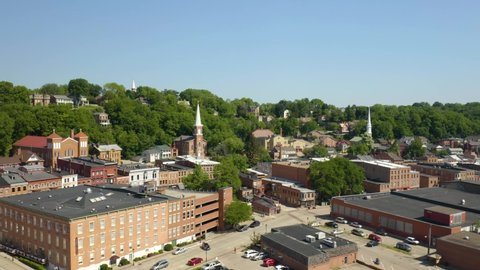 Drone Flies Away from Downtown Galena, Illinois in Summer