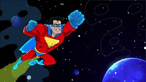 This stock motion graphics video shows a superhero flying in outer space