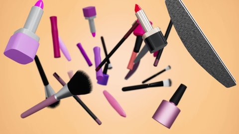 Cosmetic products. Make-up tools set concept. Different makeup accessories fly on yellow background. Beauty animation. Lipstick, mascara, brush, nail Polish. Skin care.