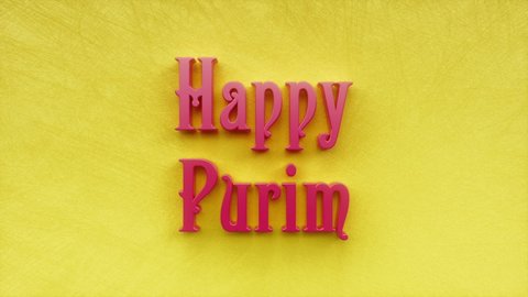 Happy Purim text inscription, jolly Jewish festival or carnival or holiday concept, Israel traditional celebrate, funny masquerade, decorative animated lettering, greeting card motion background.