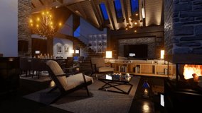 4K video rendering of cozy living room on cold winter night in the mountains, evening interior of chalet decorated with candles, fireplace fills the room with warmth. It's snowing outside the window