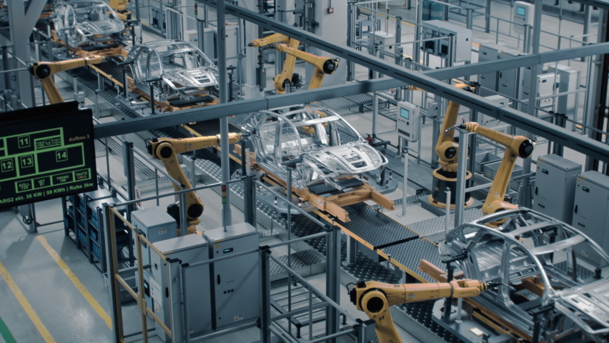 Car Factory Digitalization Industry 4.0 Concept: Automated Robot Arm Assembly Line Manufacturing High-Tech Green Energy Electric Vehicles. AI Computer Vision Analyzing, Scanning Production Efficiency Royalty-Free Stock Footage #1083194923