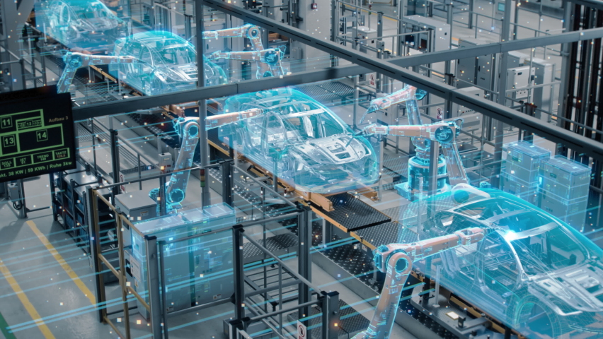 Car Factory Digitalization Industry 4.0 Concept: Automated Robot Arm Assembly Line Manufacturing High-Tech Green Energy Electric Vehicles. AI Computer Vision Analyzing, Scanning Production Efficiency | Shutterstock HD Video #1083194923