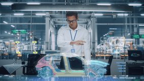 Sustainable Industrial Design: Portrait of Modern Automotive Engineer Using Augmented Reality to Construct 3D Hologram Model of High-Tech Electric Car. Automated Vehicle Manufacturing Facility - Powered by Shutterstock - Get 15% off with code: PIKWIZARD15