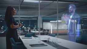 Futuristic Office Online Meeting Video Conference Call: Businesswoman and Businessman Talk using Augmented Reality Metaverse. Global e-Business For Virtual Remote Work. Hologram Concept Simulation - Powered by Shutterstock - Get 15% off with code: PIKWIZARD15