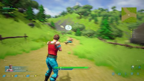 Looped Video Game Mock-up Concept: Game play 3D Third Person Shooter Online Multiplayer Battle Royale. Fun Tactical Arcade with Hero Characters Running, Fighting, Shooting Guns. Cyber Championship