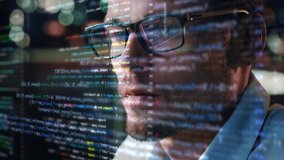 Portrait of Startup Digital Entrepreneur Working on Computer, Line of Code Projected on His Face and Reflecting in Glasses. Developer Working on Innovative e-Commerce App using AI and Big Data - Powered by Shutterstock - Get 15% off with code: PIKWIZARD15